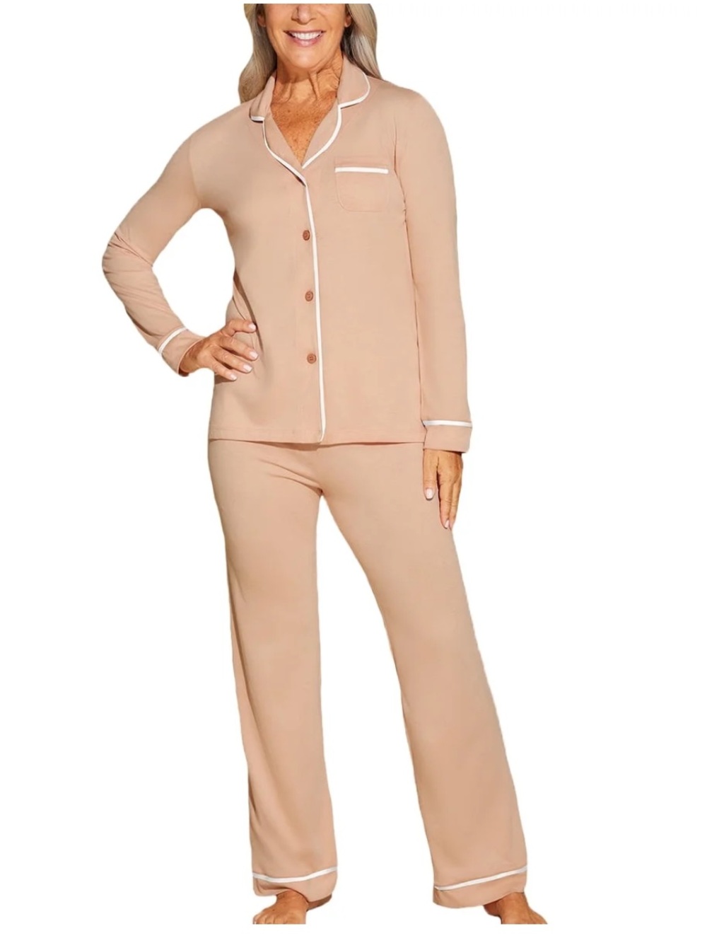Cosabella Beige Long Sleeve Button Down Top and Pants Pajama Set Petite Small